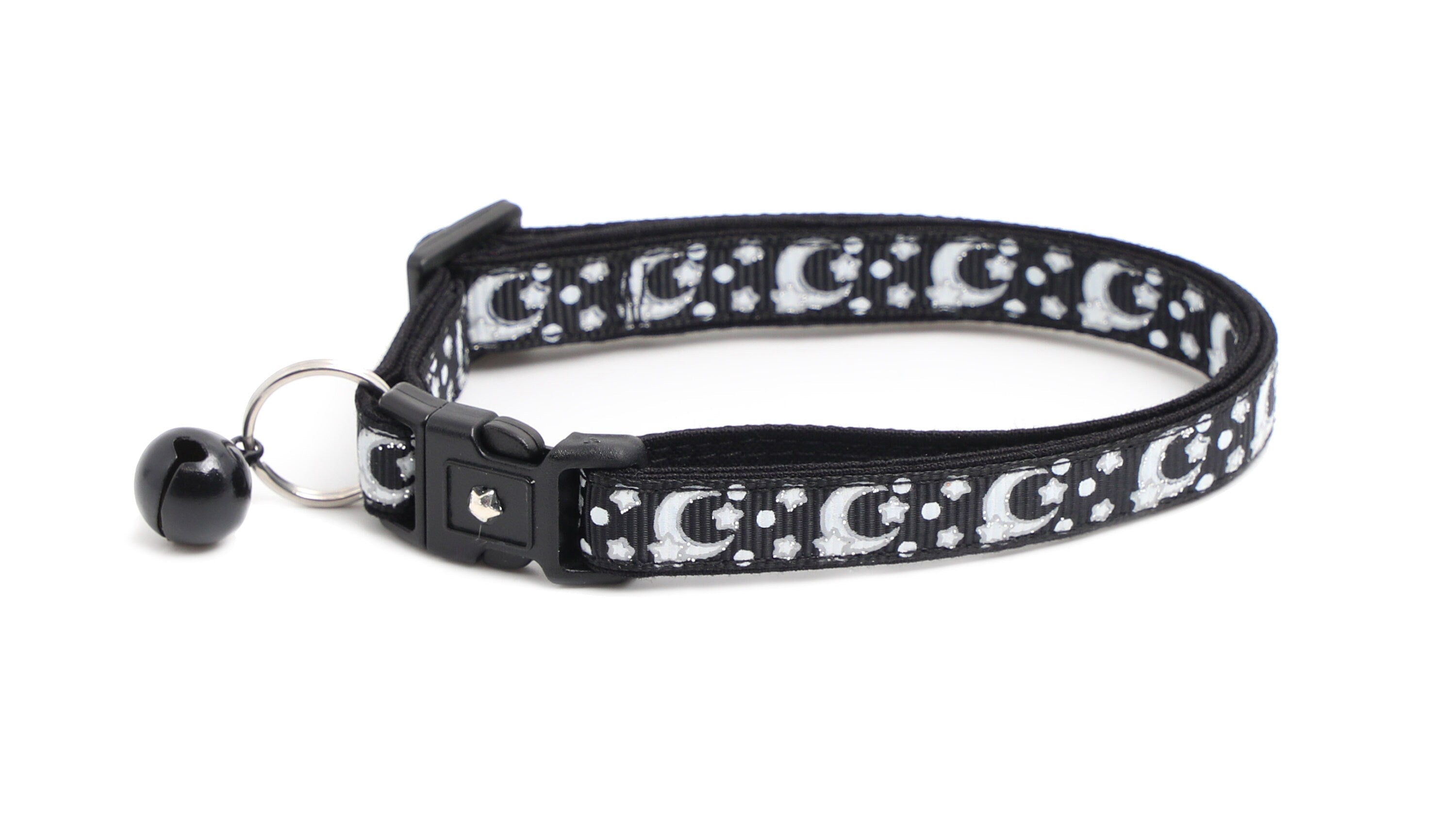 Silver Moons and Stars on Black Cat Collar