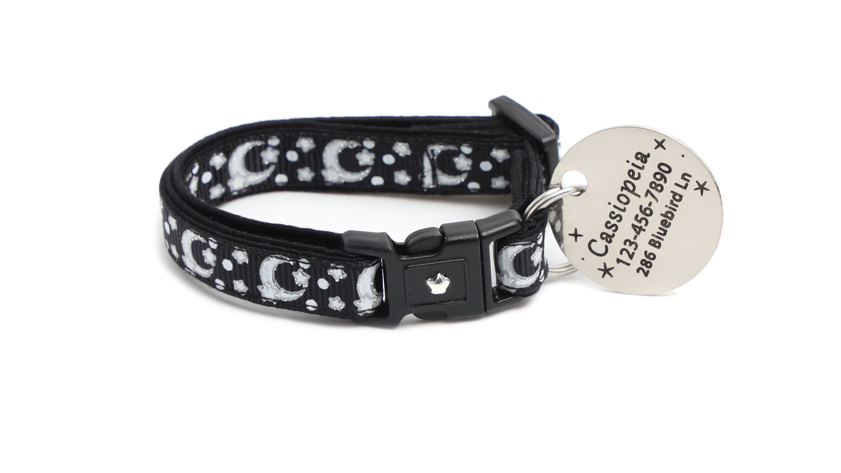 Silver Moons and Stars on Black Cat Collar