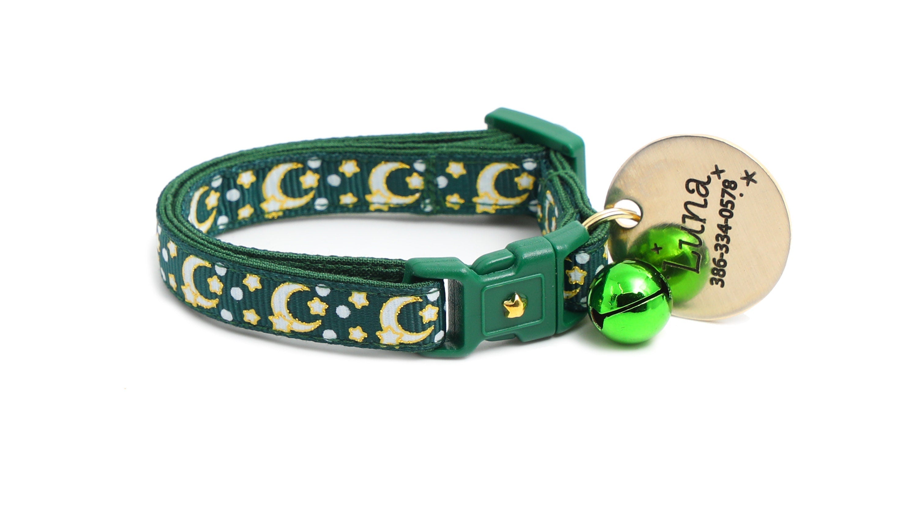 Gold Moons and Stars on Dark Green Cat Collar