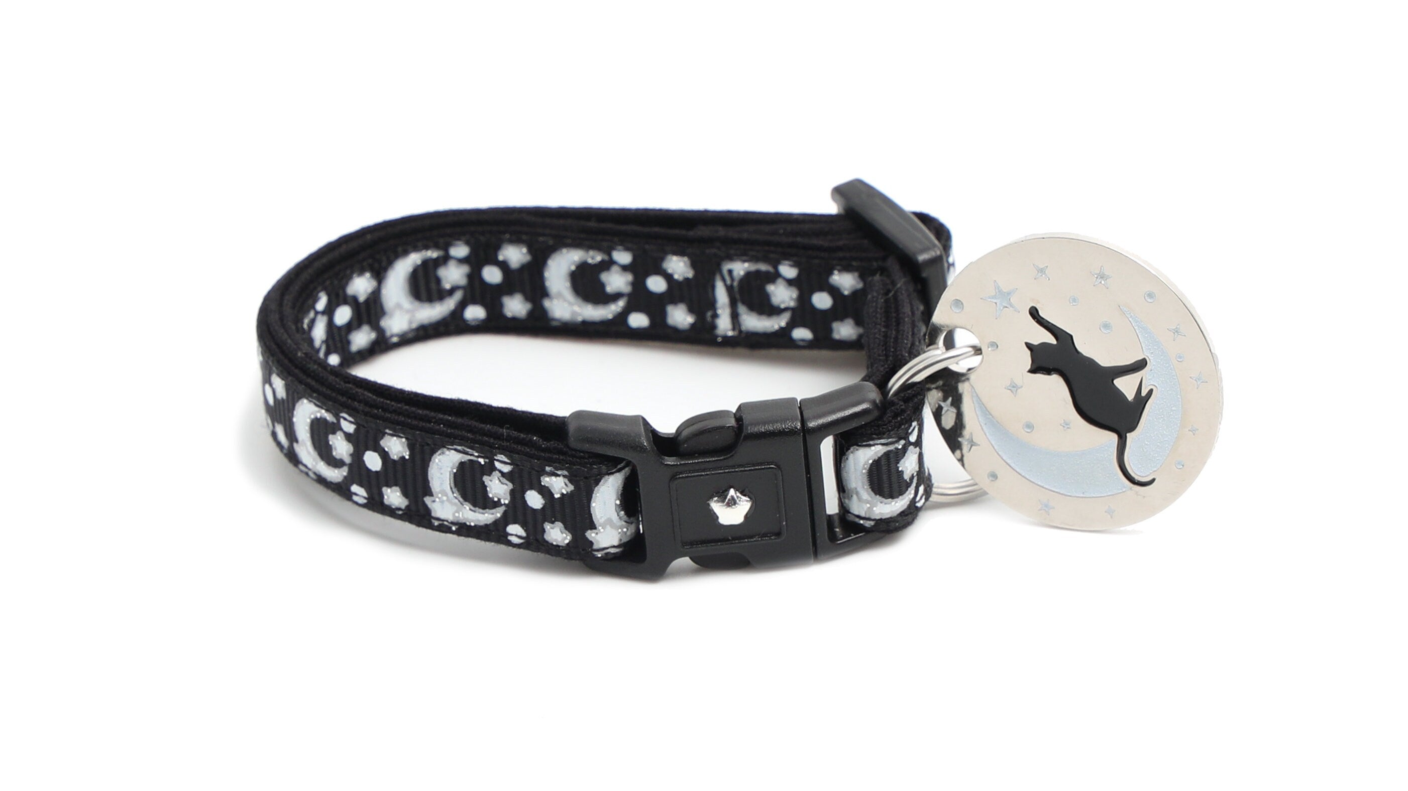 Silver Moons and Stars on Black Cat Collar