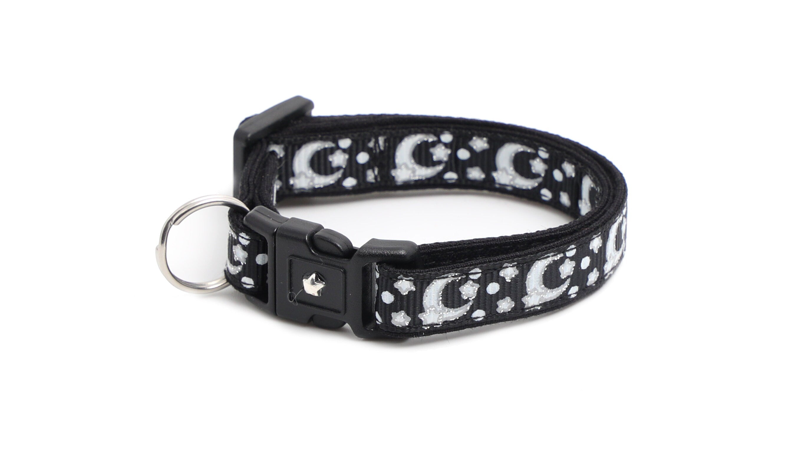 Silver Moons and Stars on Black Cat Collar