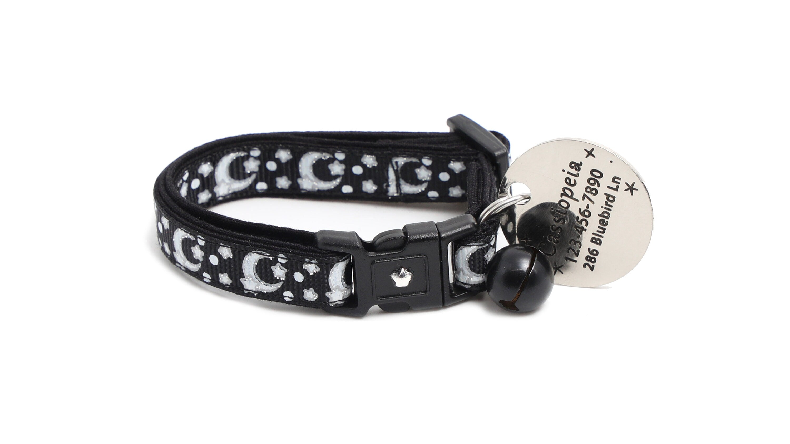 Silver Moons and Stars on Black Cat Collar